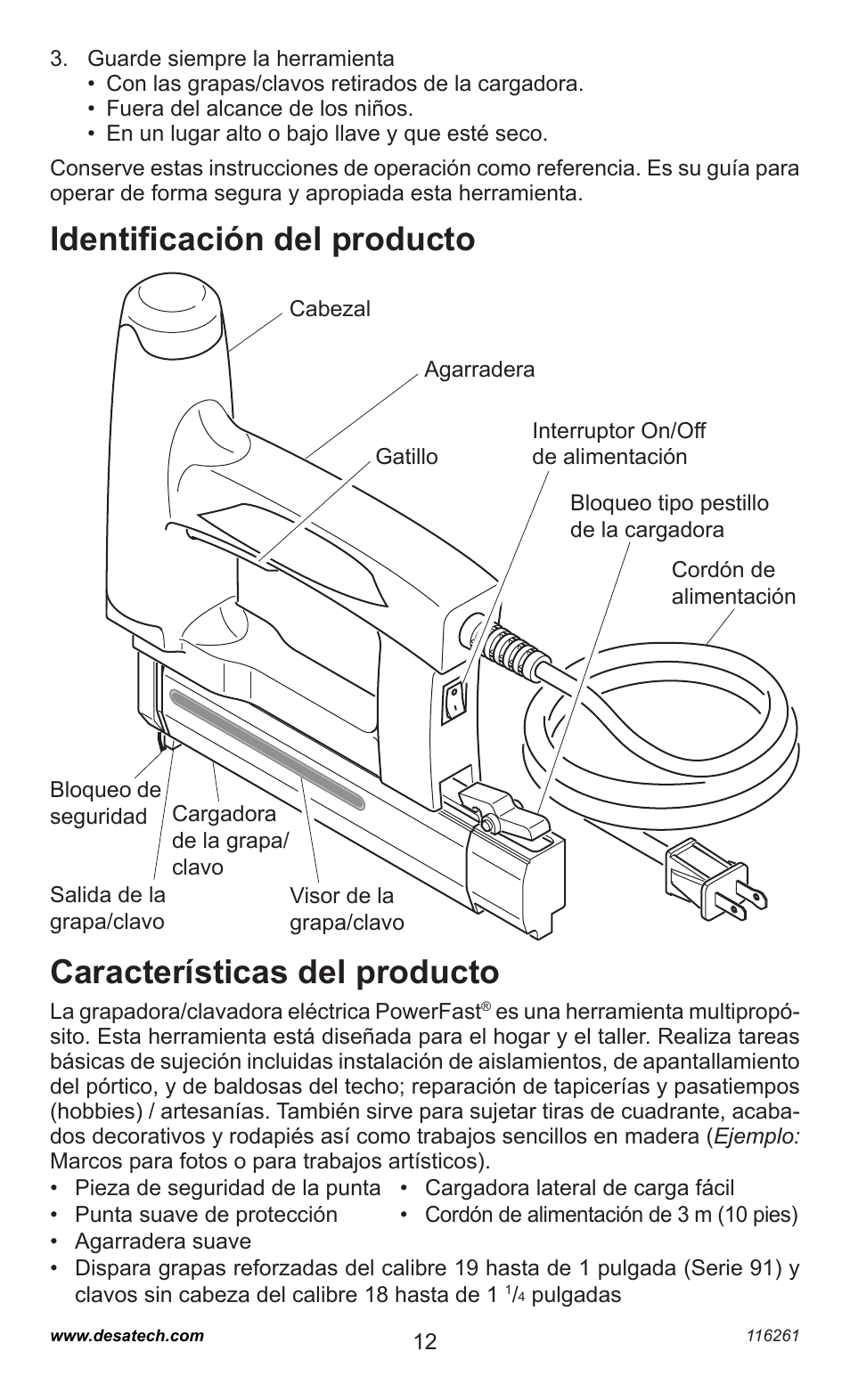 Identiﬁcación del producto, Características del producto | Desa PEBNS11/4-B User Manual | Page 12 / 24