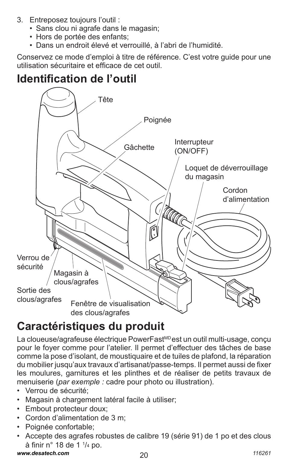 Identiﬁcation de l’outil, Caractéristiques du produit | Desa PEBNS11/4-B User Manual | Page 20 / 24