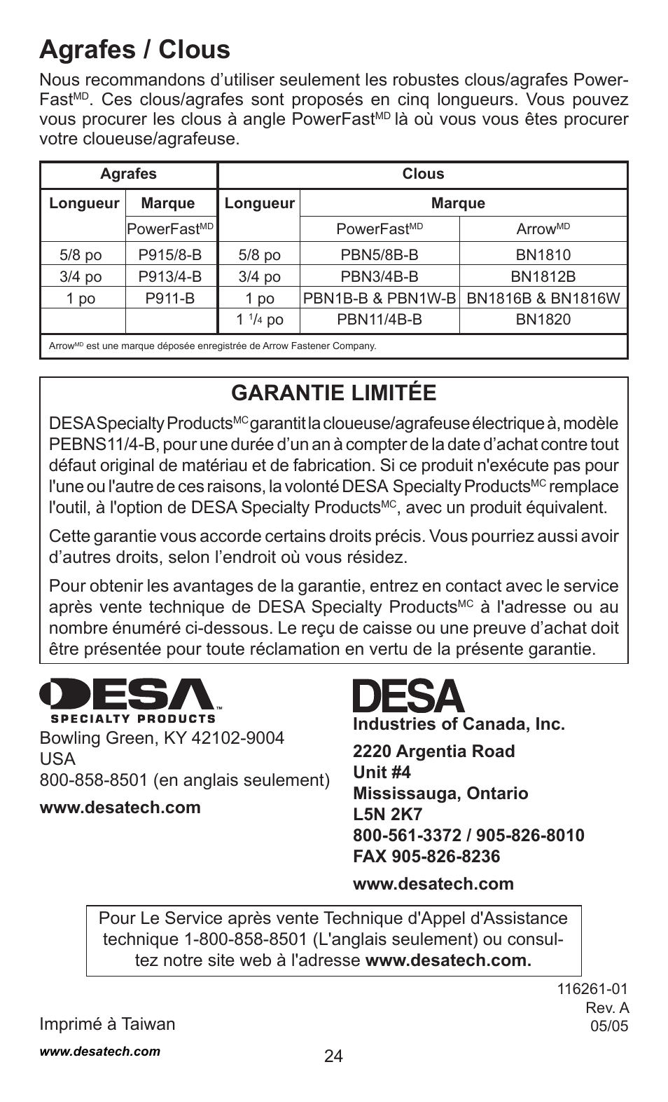 Agrafes / clous, Garantie limitée | Desa PEBNS11/4-B User Manual | Page 24 / 24