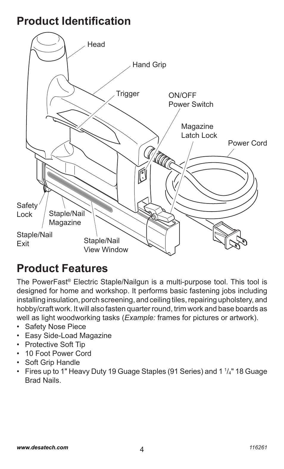 Product identiﬁcation, Product features | Desa PEBNS11/4-B User Manual | Page 4 / 24