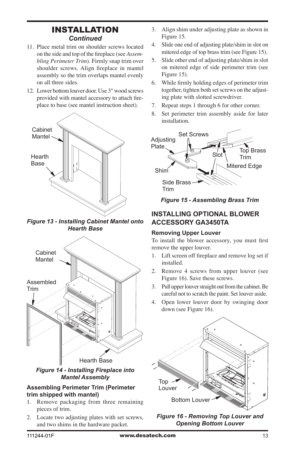 Installation, Continued, Installing optional blower accessory ga3450ta | Desa FDCFTP User Manual | Page 13 / 48