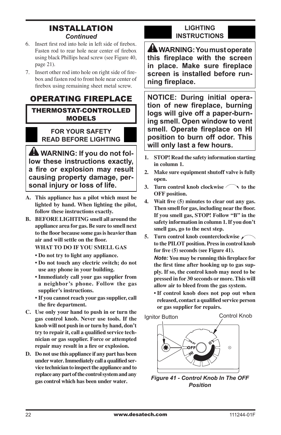 Operating fireplace, Installation | Desa FDCFTP User Manual | Page 22 / 48