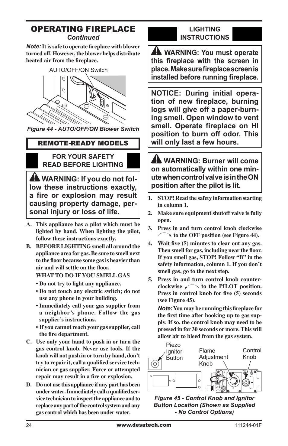 Operating fireplace | Desa FDCFTP User Manual | Page 24 / 48