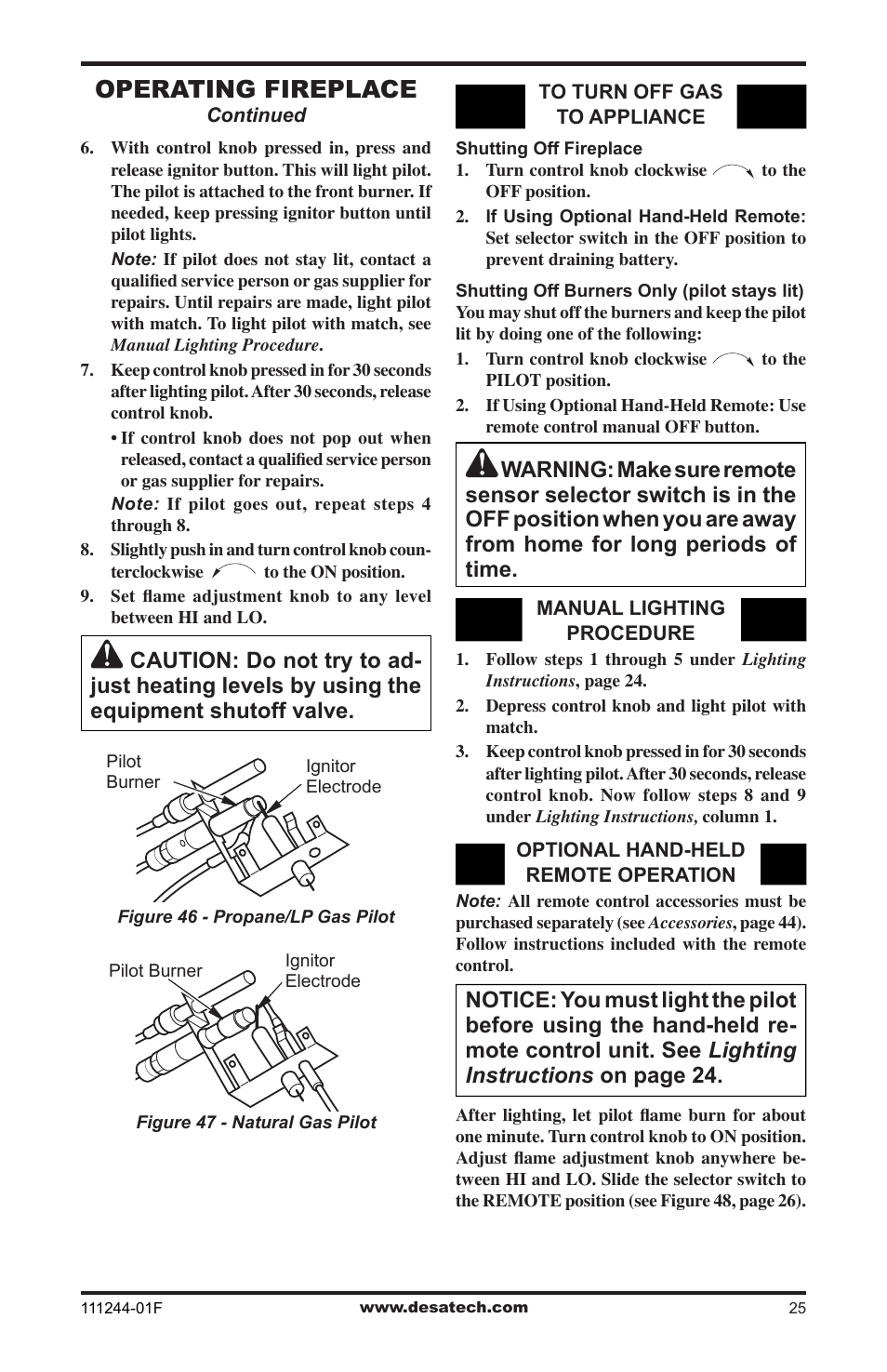 Operating fireplace | Desa FDCFTP User Manual | Page 25 / 48