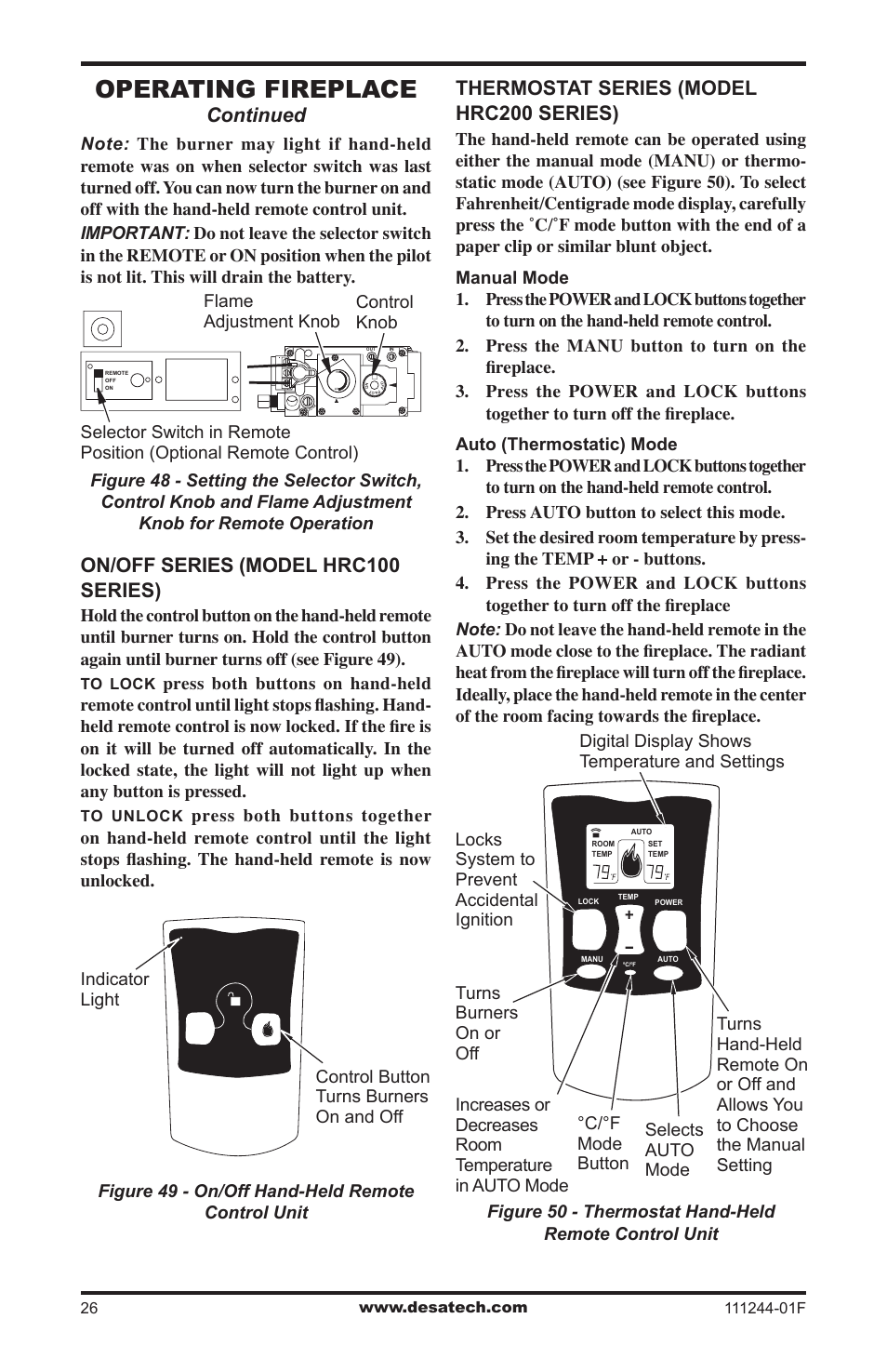 Operating fireplace, Continued, On/off series (model hrc100 series) | Thermostat series (model hrc200 series) | Desa FDCFTP User Manual | Page 26 / 48