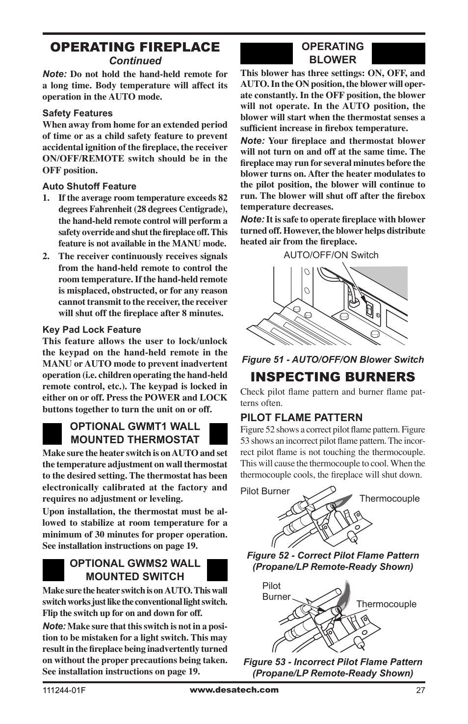 Inspecting burners, Operating fireplace | Desa FDCFTP User Manual | Page 27 / 48