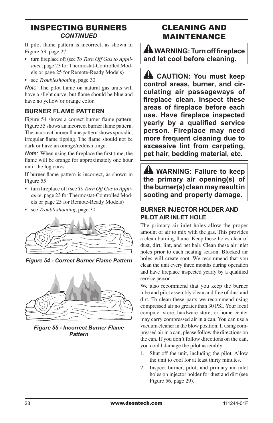 Cleaning and maintenance, Inspecting burners | Desa FDCFTP User Manual | Page 28 / 48