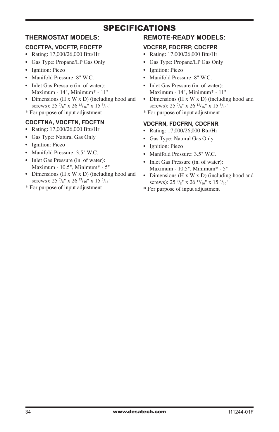Specifications, Thermostat models, Remote-ready models | Desa FDCFTP User Manual | Page 34 / 48