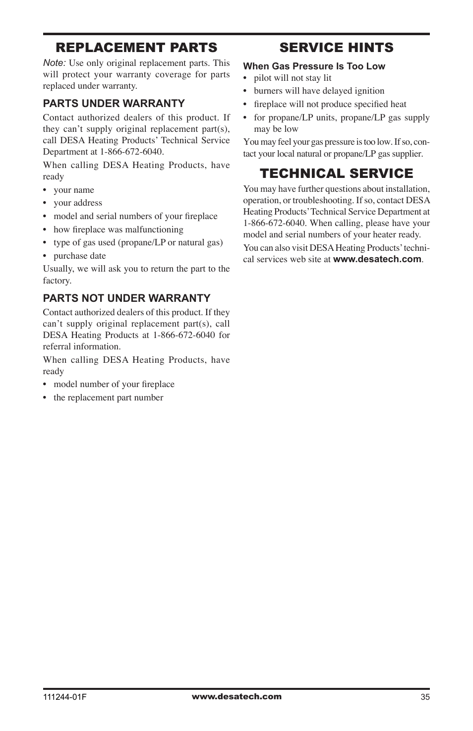 Replacement parts, Service hints, Technical service | Desa FDCFTP User Manual | Page 35 / 48