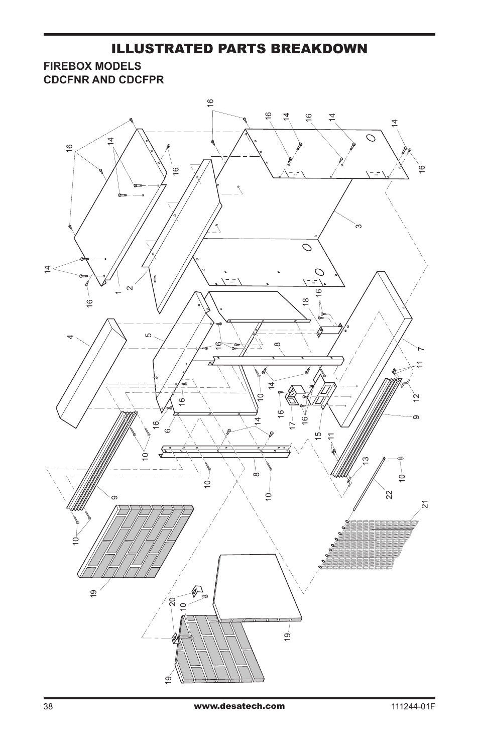 Illustrated parts breakdown, Firebox models cdcfnr and cdcfpr | Desa FDCFTP User Manual | Page 38 / 48