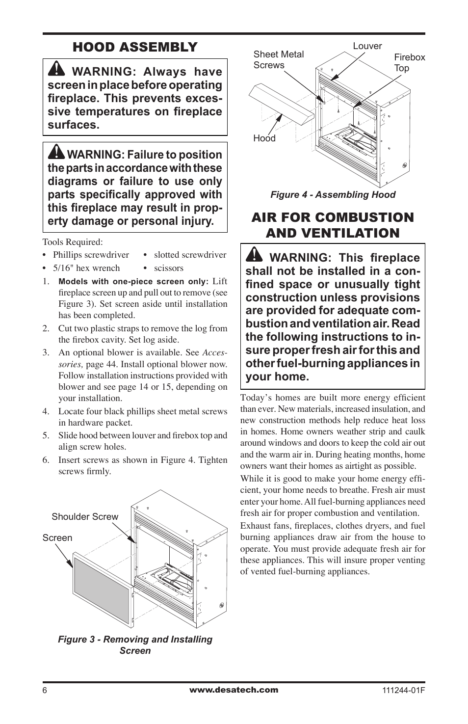Hood assembly, Air for combustion and ventilation | Desa FDCFTP User Manual | Page 6 / 48