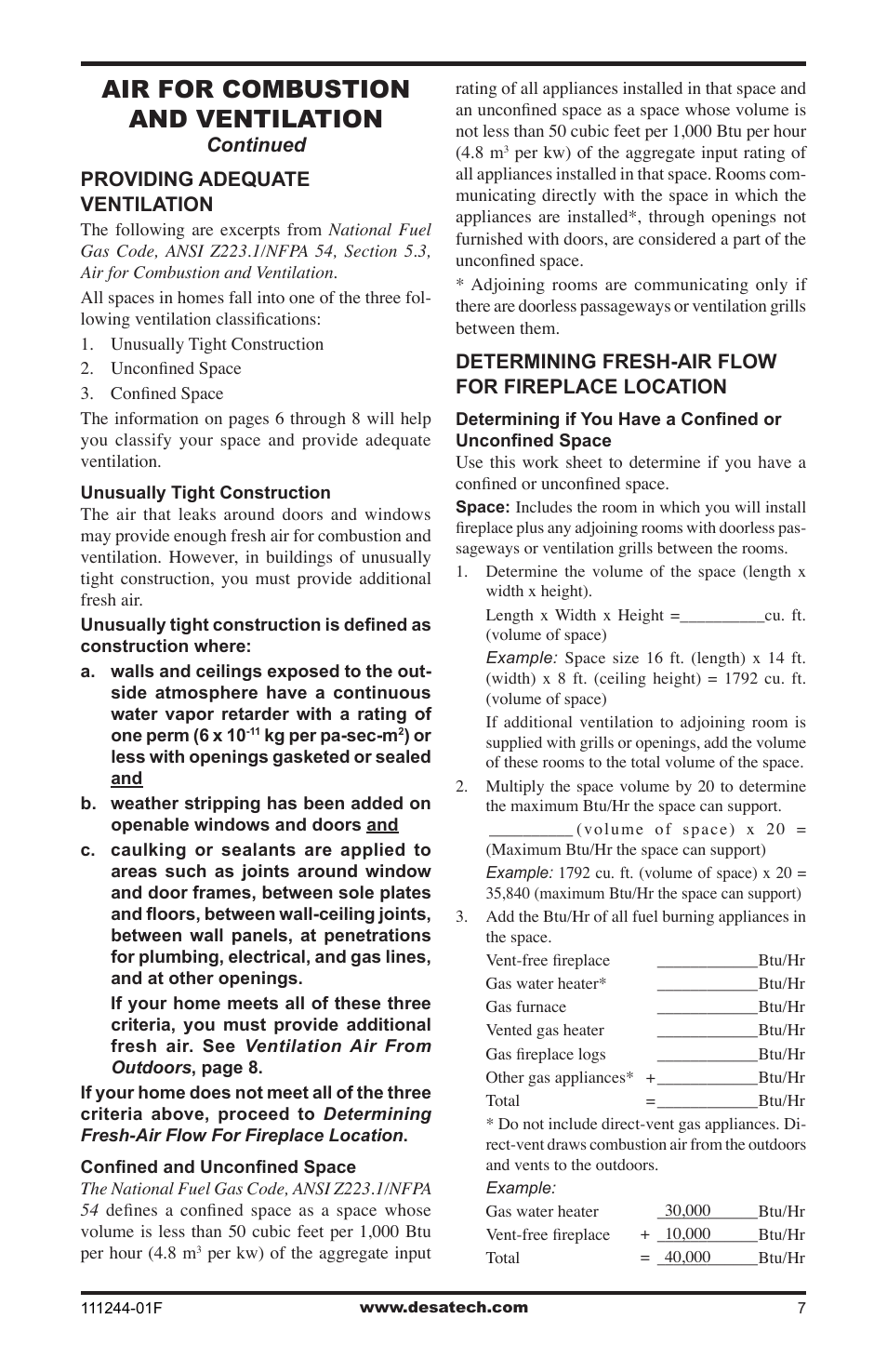 Air for combustion and ventilation | Desa FDCFTP User Manual | Page 7 / 48