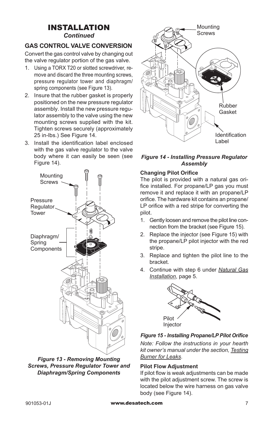 Installation, Continued gas control valve conversion | Desa GA9150A User Manual | Page 7 / 12