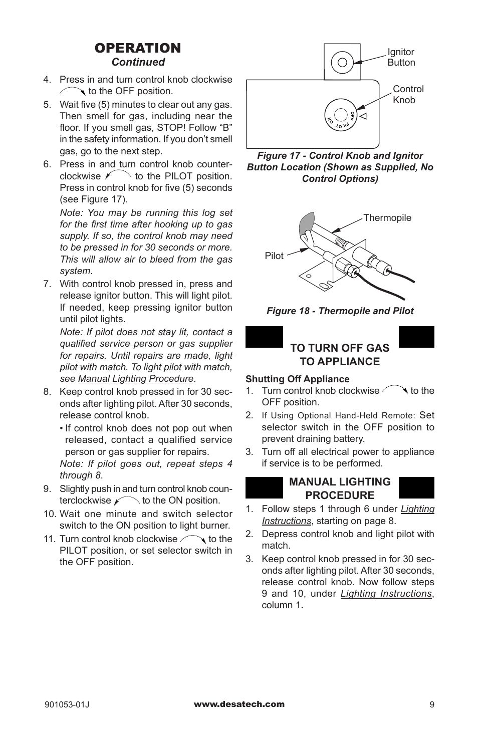 Operation, Continued, Manual lighting procedure | Desa GA9150A User Manual | Page 9 / 12