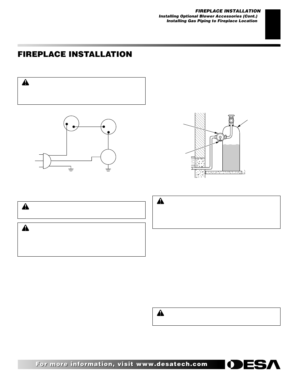 Fireplace installation, Continued, Installing gas piping to fireplace location | Desa CHDV42NR User Manual | Page 19 / 44