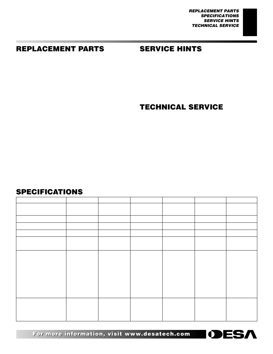 Replacement parts, Specifications, Service hints | Technical service | Desa CHDV42NR User Manual | Page 33 / 44