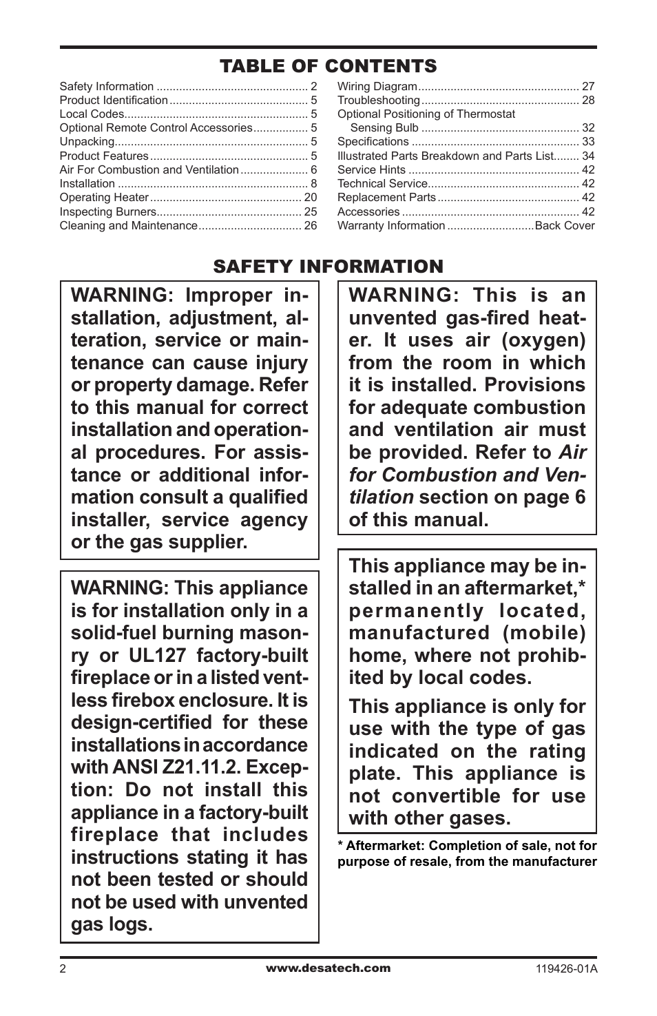 Safety information, Safety information table of contents | Desa VUL18 User Manual | Page 2 / 44