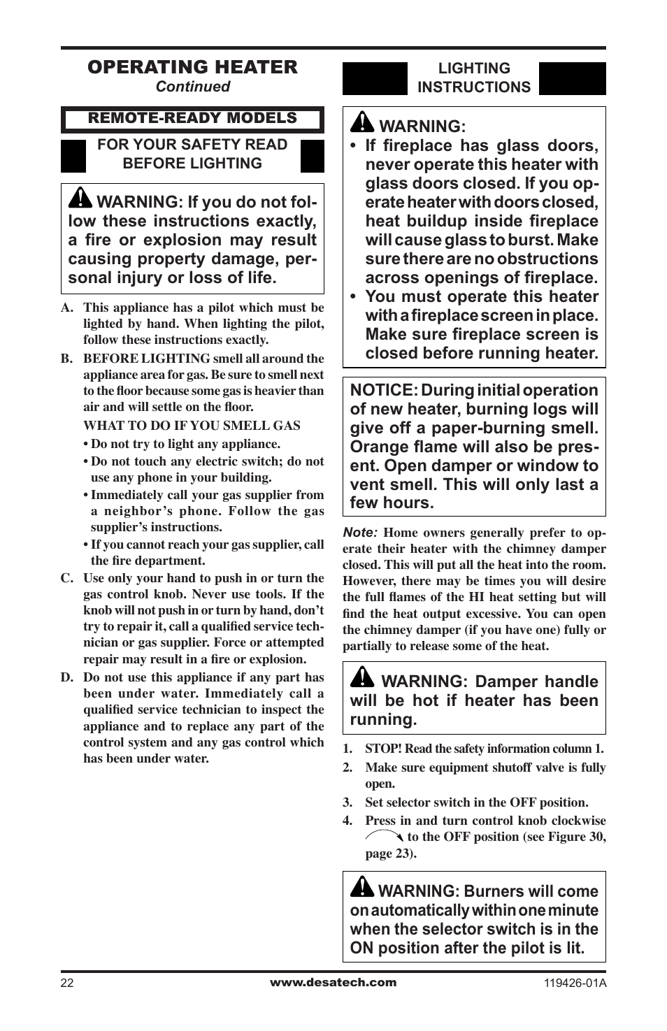 Operating heater | Desa VUL18 User Manual | Page 22 / 44
