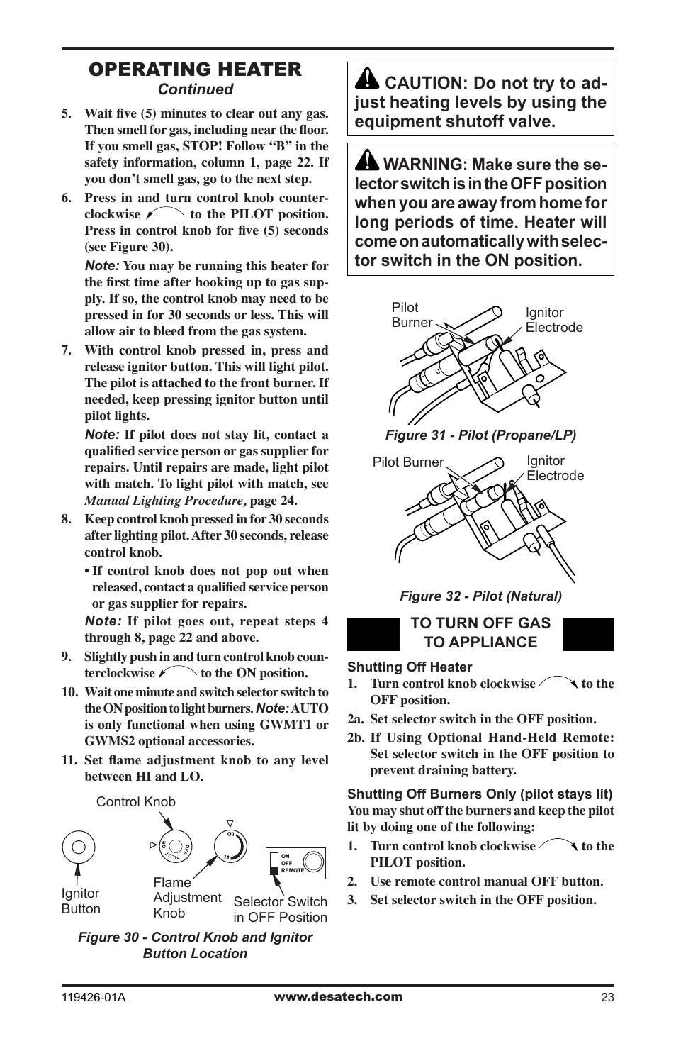 Operating heater | Desa VUL18 User Manual | Page 23 / 44
