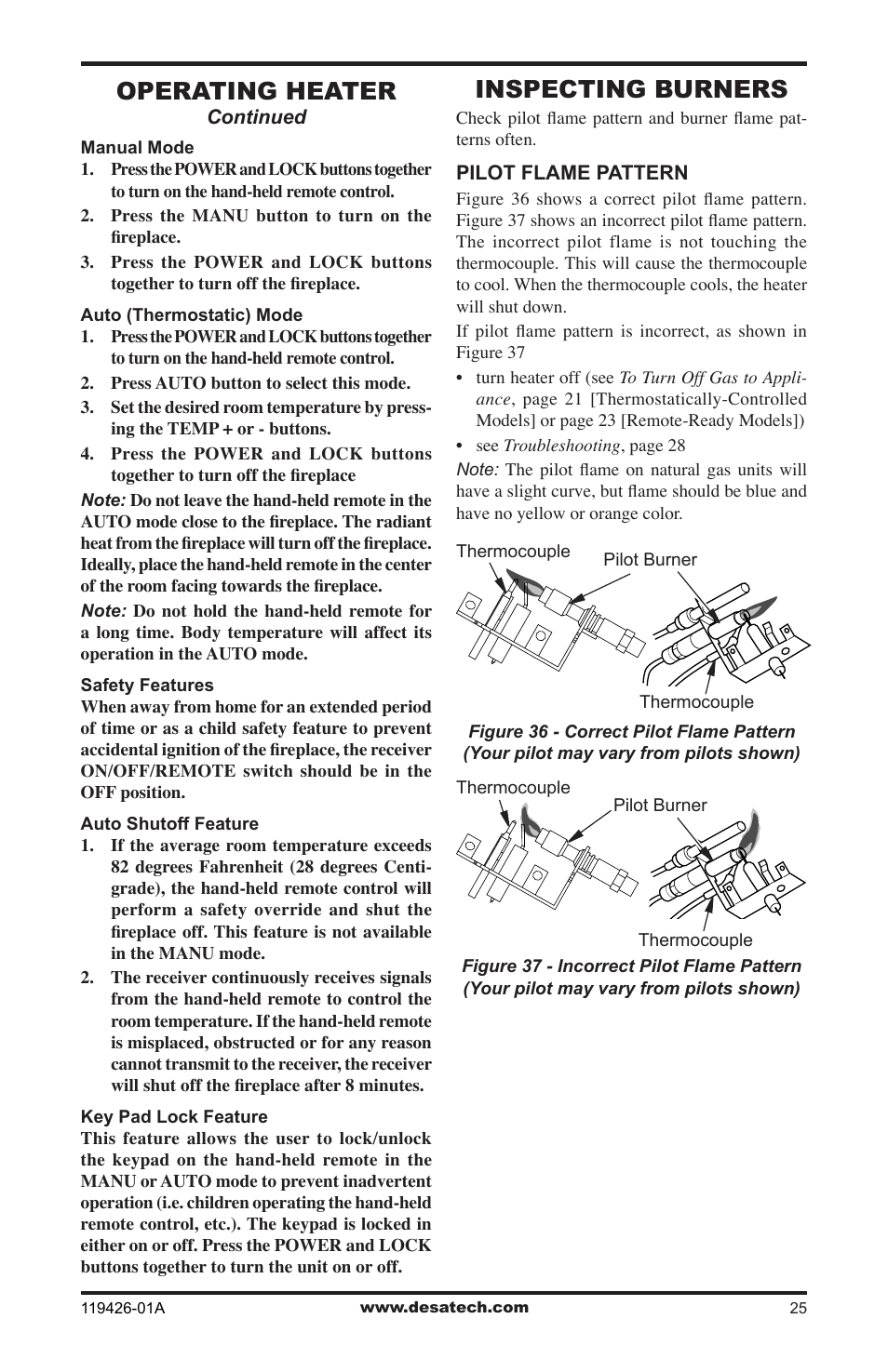 Inspecting burners, Operating heater | Desa VUL18 User Manual | Page 25 / 44