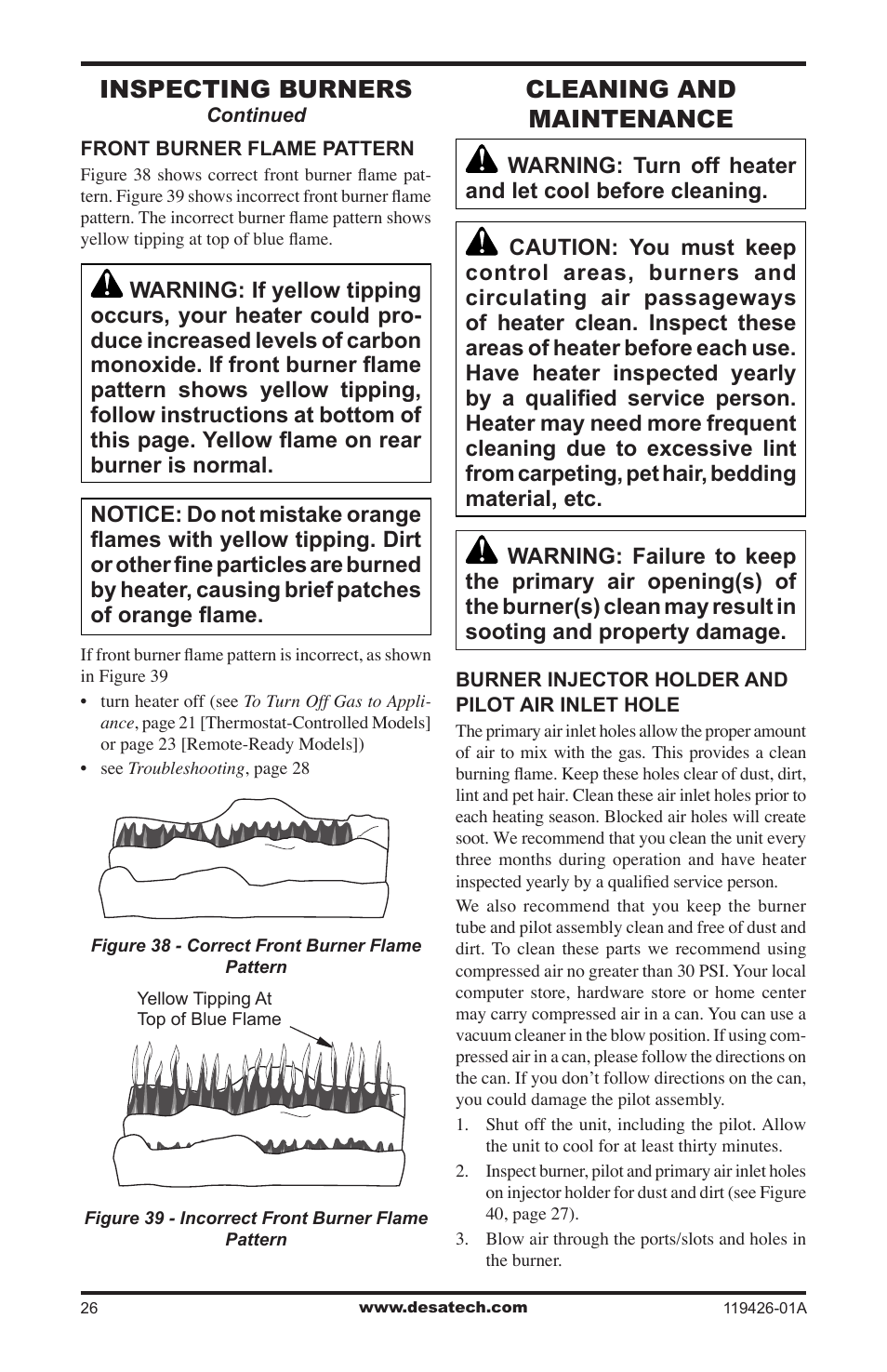 Cleaning and maintenance, Inspecting burners | Desa VUL18 User Manual | Page 26 / 44