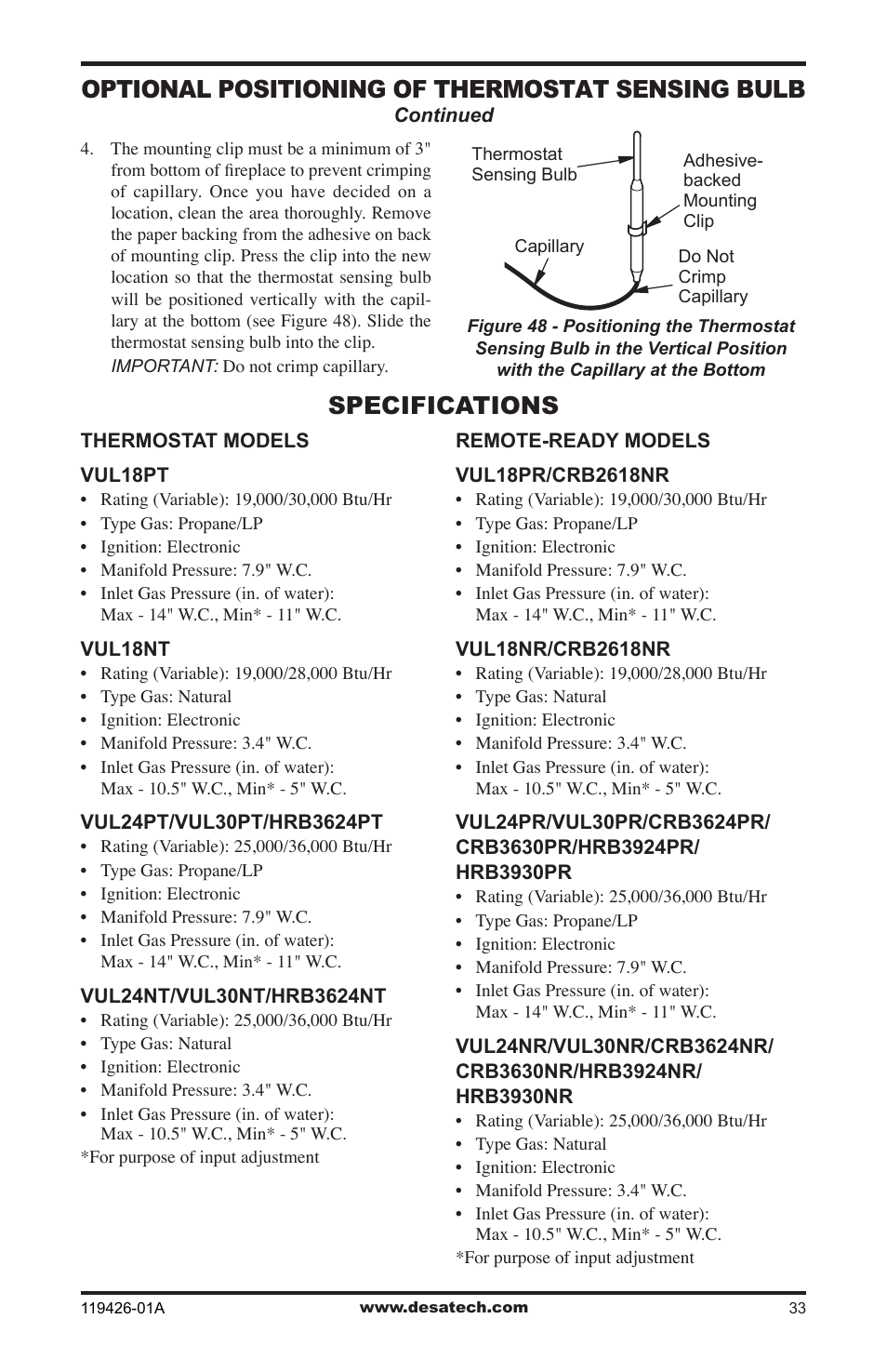 Specifications, Optional positioning of thermostat sensing bulb | Desa VUL18 User Manual | Page 33 / 44