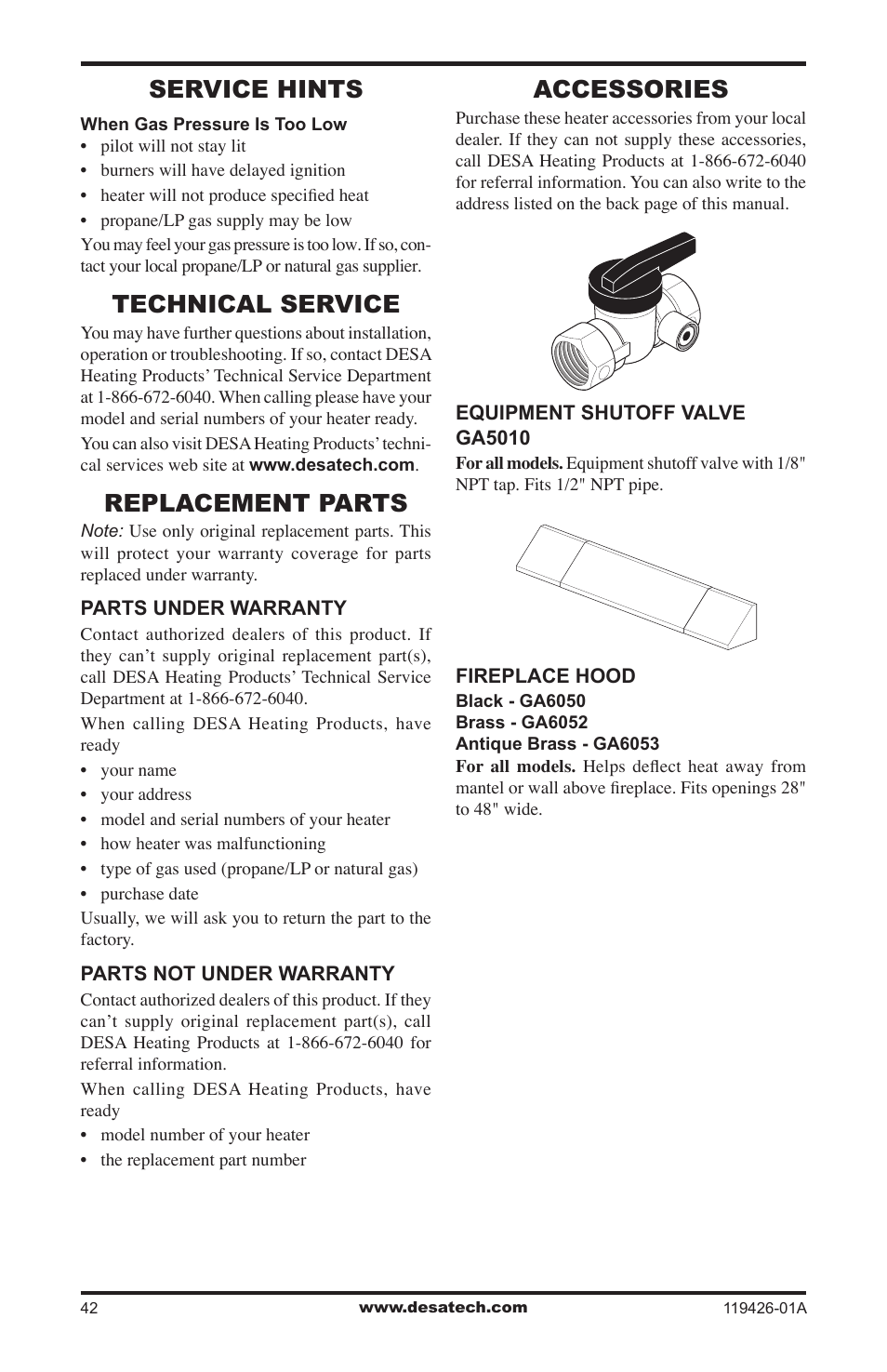 Service hints, Technical service, Replacement parts | Accessories | Desa VUL18 User Manual | Page 42 / 44