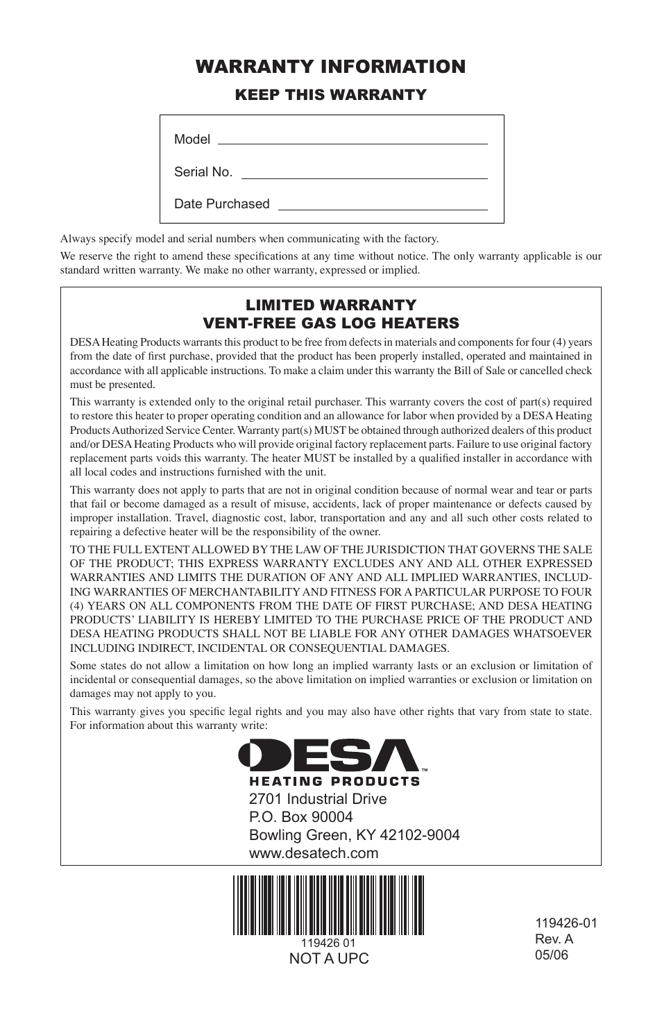 Warranty information, Keep this warranty, Limited warranty vent-free gas log heaters | Desa VUL18 User Manual | Page 44 / 44