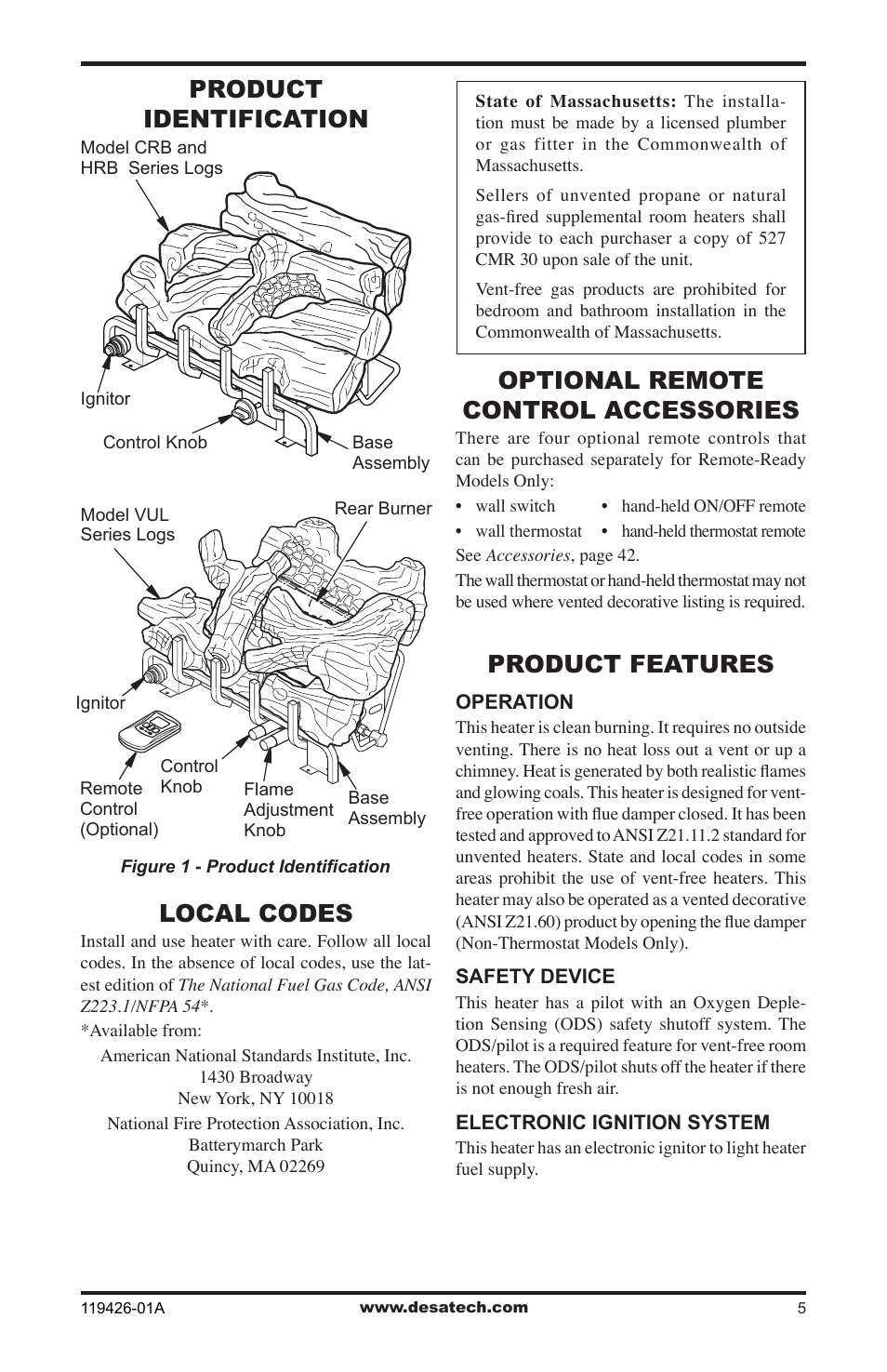 Product identification, Local codes, Optional remote control accessories | Unpacking, Product features | Desa VUL18 User Manual | Page 5 / 44