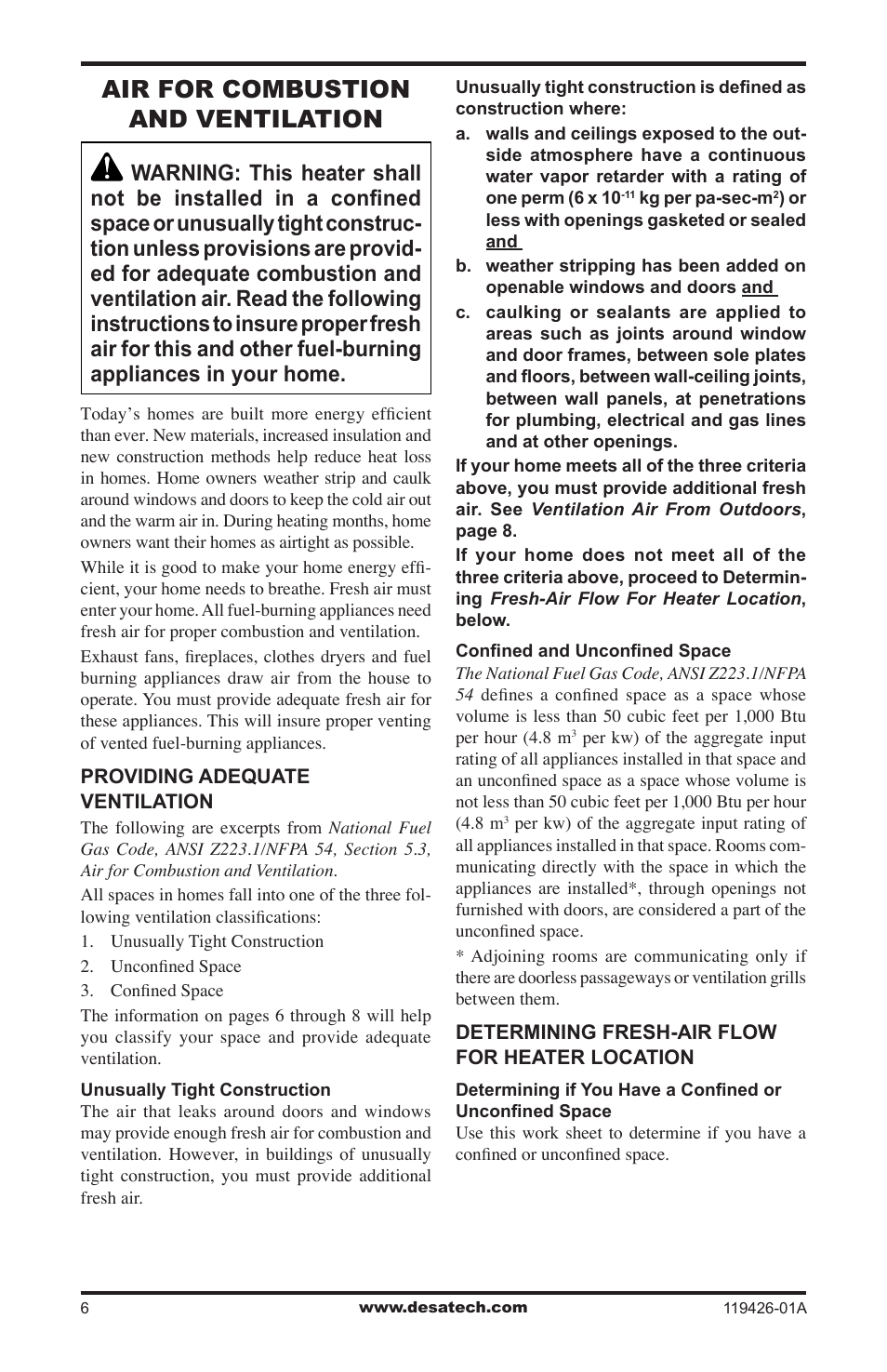 Air for combustion and ventilation | Desa VUL18 User Manual | Page 6 / 44