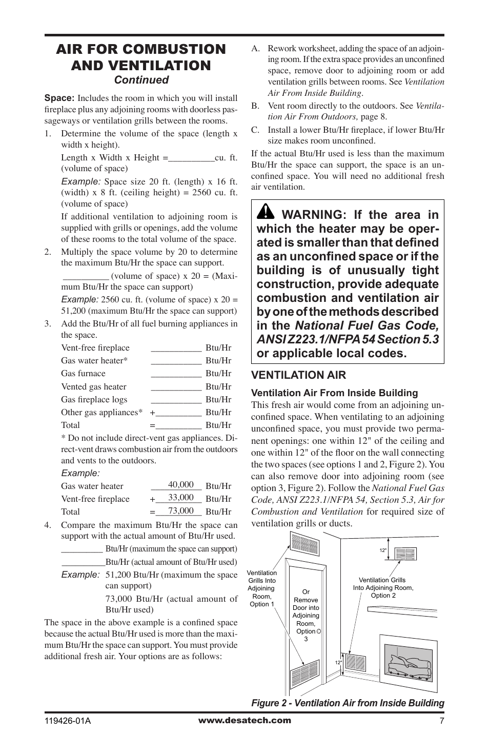 Air for combustion and ventilation | Desa VUL18 User Manual | Page 7 / 44