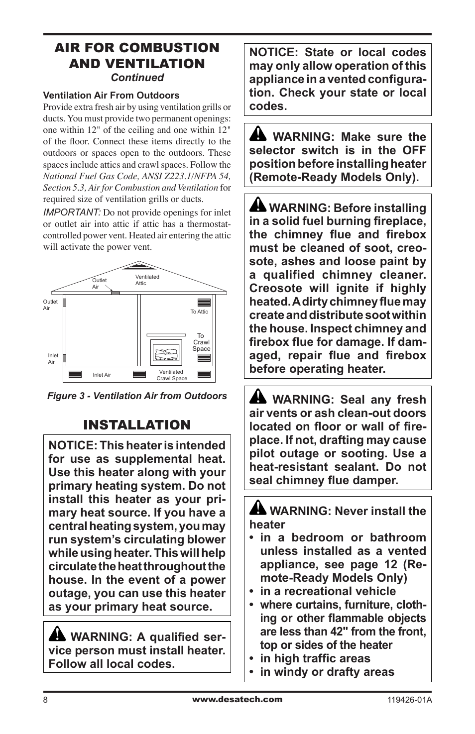 Installation, Air for combustion and ventilation | Desa VUL18 User Manual | Page 8 / 44