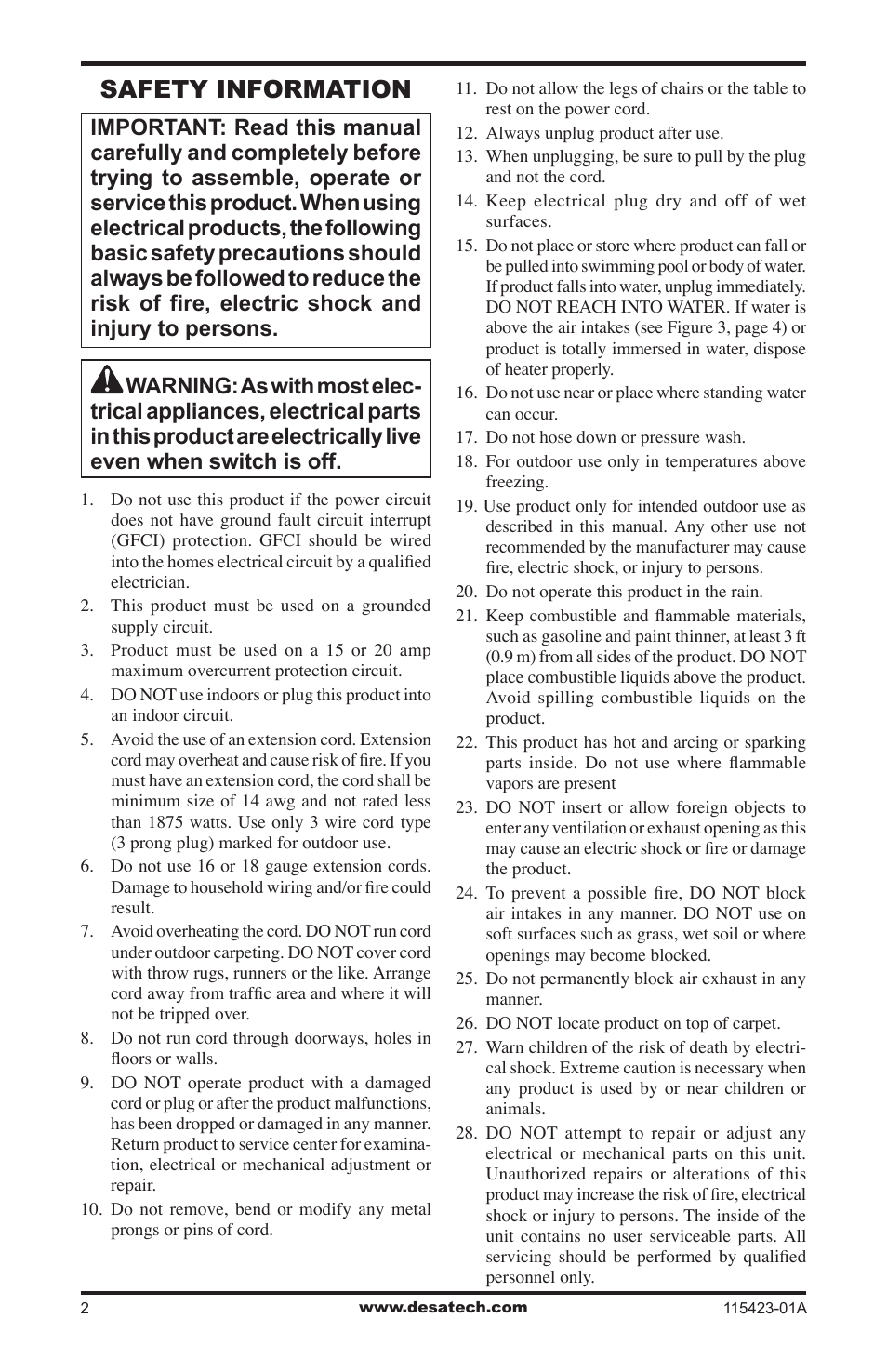 Safety information | Desa PG15EA User Manual | Page 2 / 12