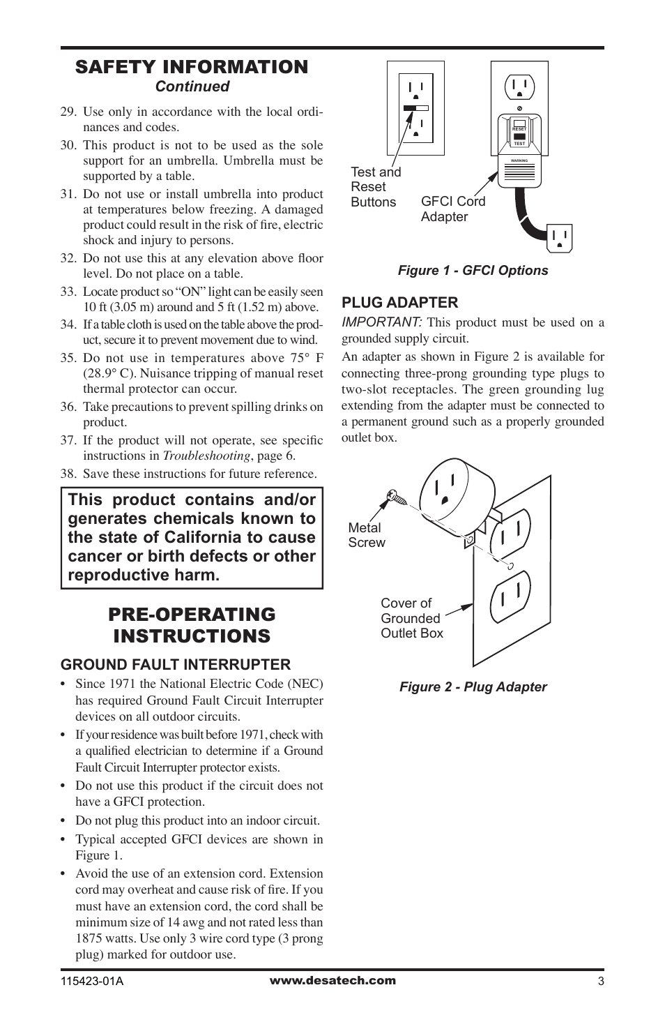 Pre-operating instructions, Safety information | Desa PG15EA User Manual | Page 3 / 12
