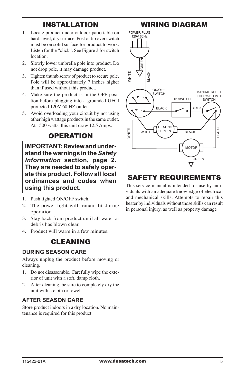 Product identification, Installation, Operation | Cleaning, Wiring diagram, Safety requirements | Desa PG15EA User Manual | Page 5 / 12