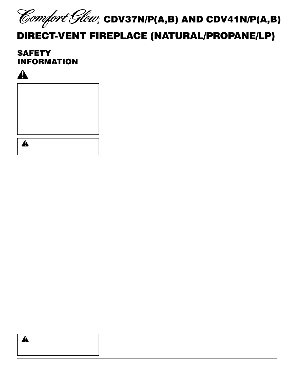 Direct-vent fireplace (natural/propane/lp), Cdv37n/p(a,b) and cdv41n/p(a,b), Safety information | Desa CDV37N/P User Manual | Page 2 / 36