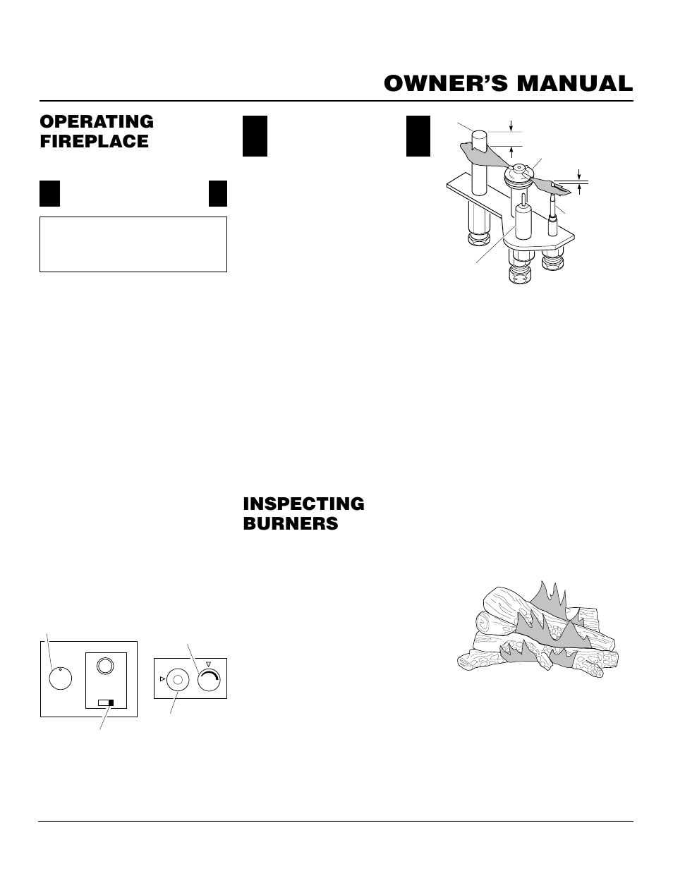 Owner’s manual, Operating fireplace, Inspecting burners | Continued, Operating optional blower accessory, Pilot assembly, Burner flame pattern, Hand-held remote operation | Desa CDV37N/P User Manual | Page 25 / 36