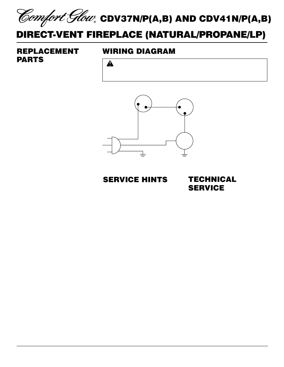 Direct-vent fireplace (natural/propane/lp), Cdv37n/p(a,b) and cdv41n/p(a,b), Service hints | Technical service, Replacement parts, Wiring diagram | Desa CDV37N/P User Manual | Page 30 / 36