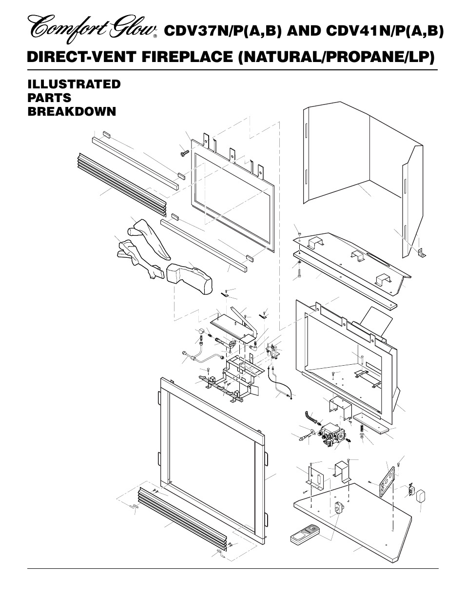 Direct-vent fireplace (natural/propane/lp), Cdv37n/p(a,b) and cdv41n/p(a,b), Illustrated parts breakdown | Desa CDV37N/P User Manual | Page 32 / 36