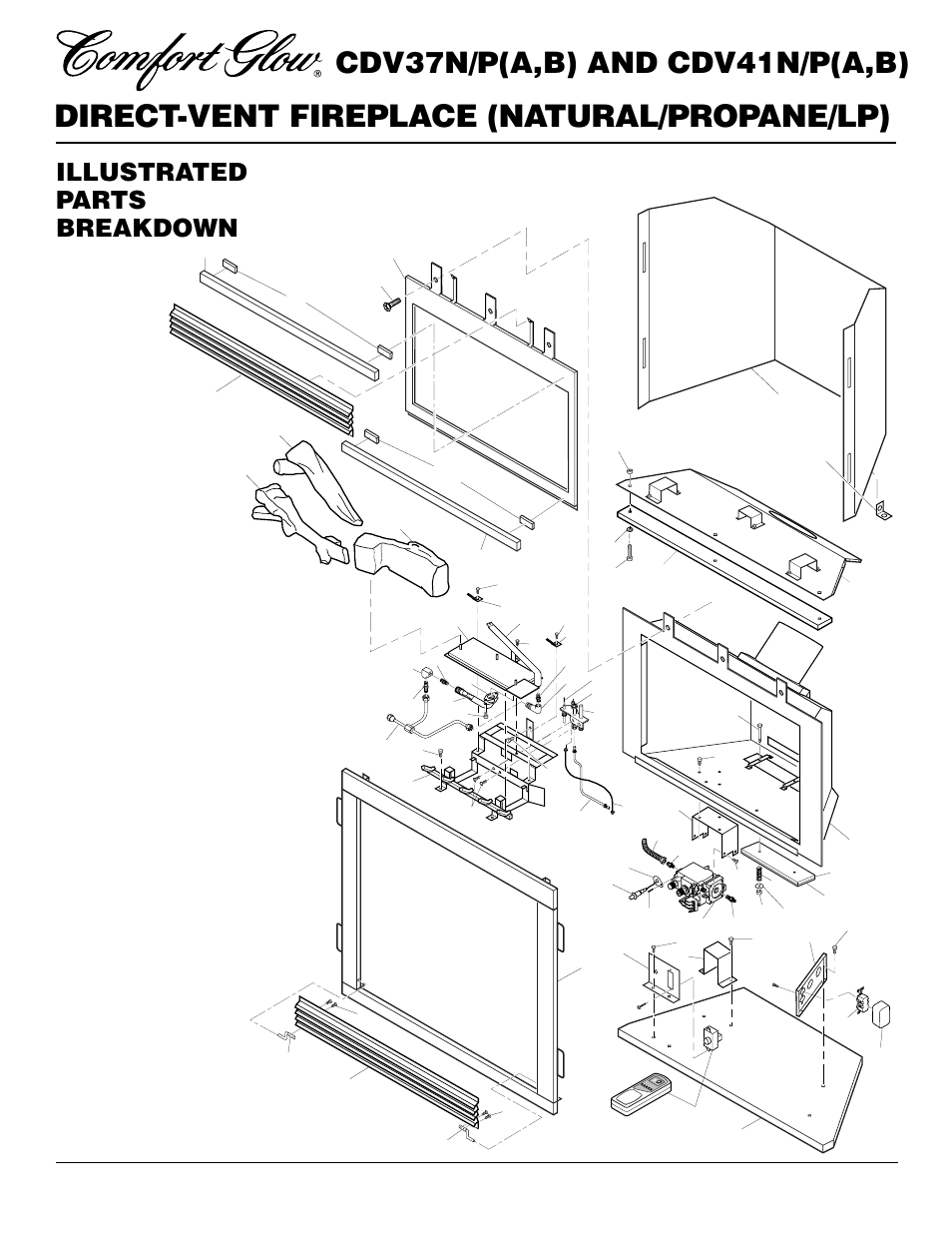 Direct-vent fireplace (natural/propane/lp), Cdv37n/p(a,b) and cdv41n/p(a,b), Illustrated parts breakdown | Desa CDV37N/P User Manual | Page 34 / 36
