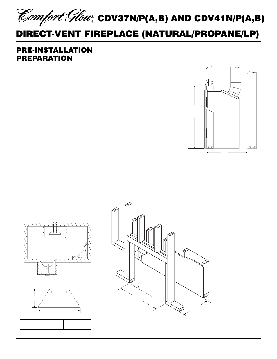 Direct-vent fireplace (natural/propane/lp), Cdv37n/p(a,b) and cdv41n/p(a,b), Pre-installation preparation | Location and space requirements, Clearances, Framing and finishing | Desa CDV37N/P User Manual | Page 4 / 36