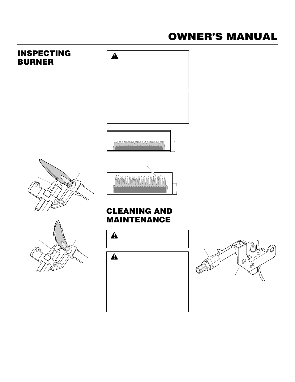 Owner’s manual, Inspecting burner, Cleaning and maintenance | Pilot flame pattern, Ods/pilot and burner, Cleaning burner pilot air inlet hole, Cabinet, Burner flame pattern | Desa VN2000BTD User Manual | Page 13 / 20