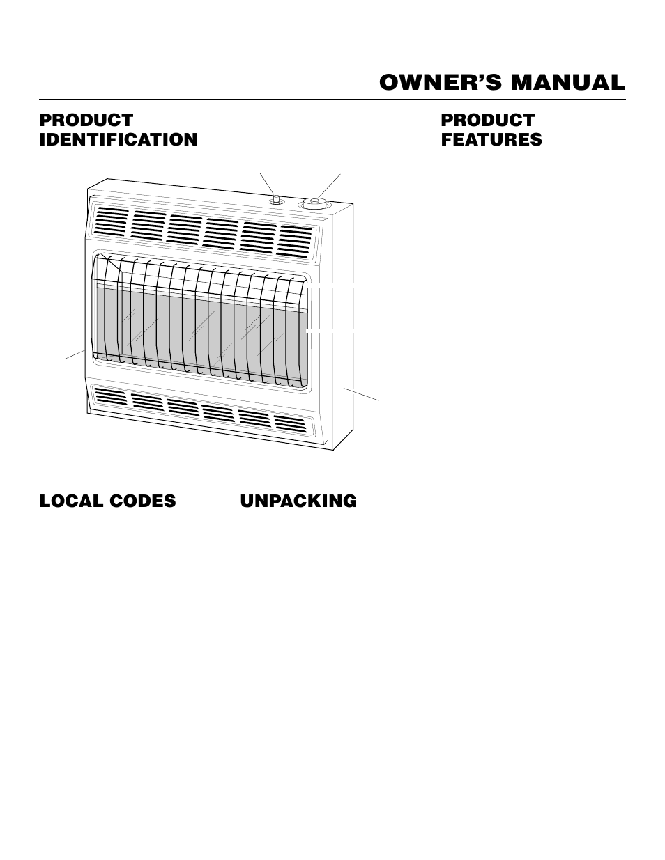 Owner’s manual, Product identification local codes, Unpacking | Product features | Desa VN2000BTD User Manual | Page 3 / 20