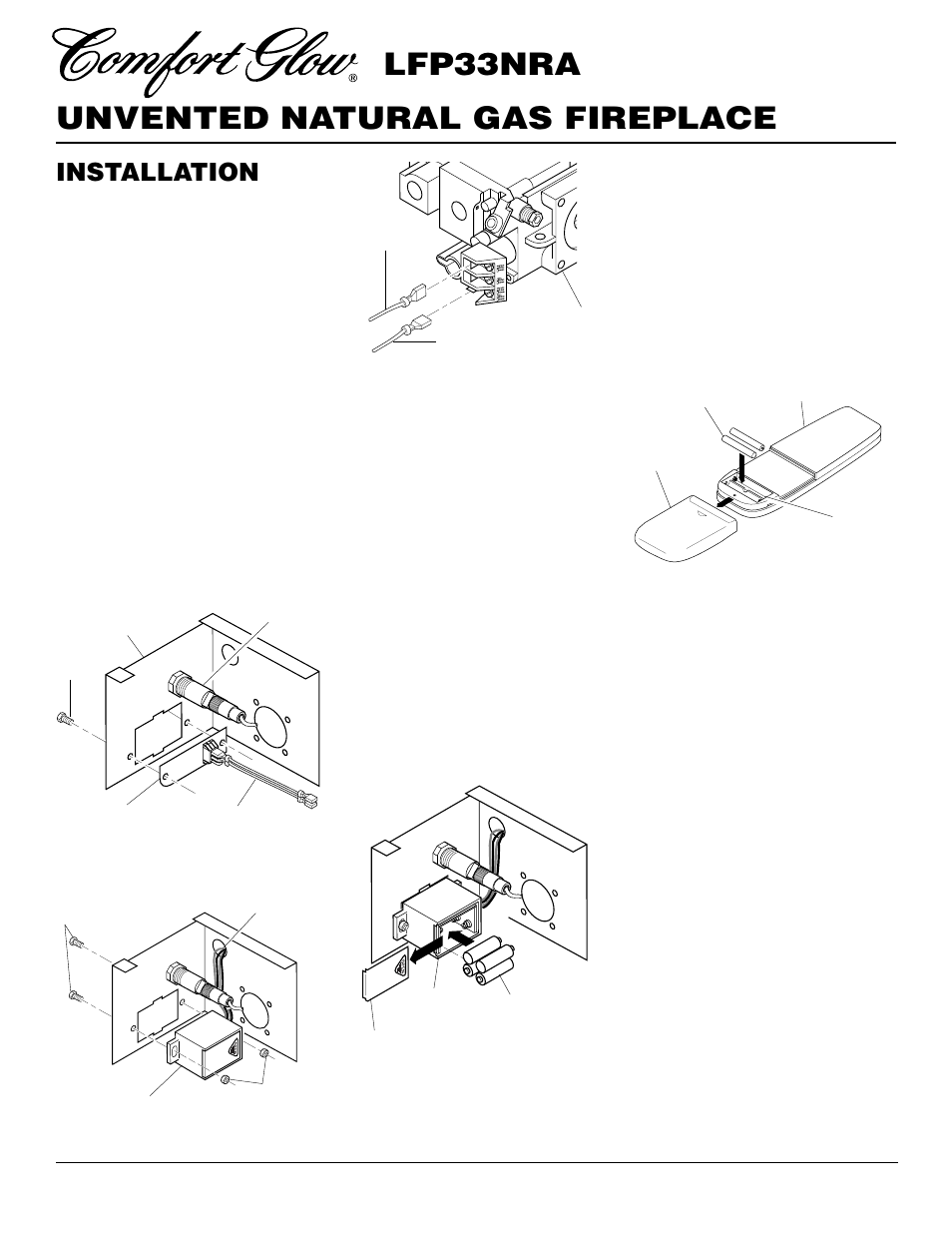 Unvented natural gas fireplace lfp33nra, Installation, Continued | Installing batteries for rm4 | Desa LFP33NRA User Manual | Page 14 / 30