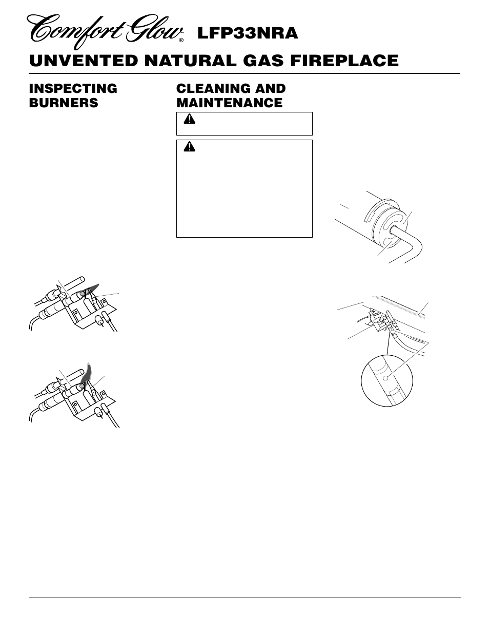 Unvented natural gas fireplace lfp33nra, Inspecting burners, Cleaning and maintenance | Desa LFP33NRA User Manual | Page 18 / 30