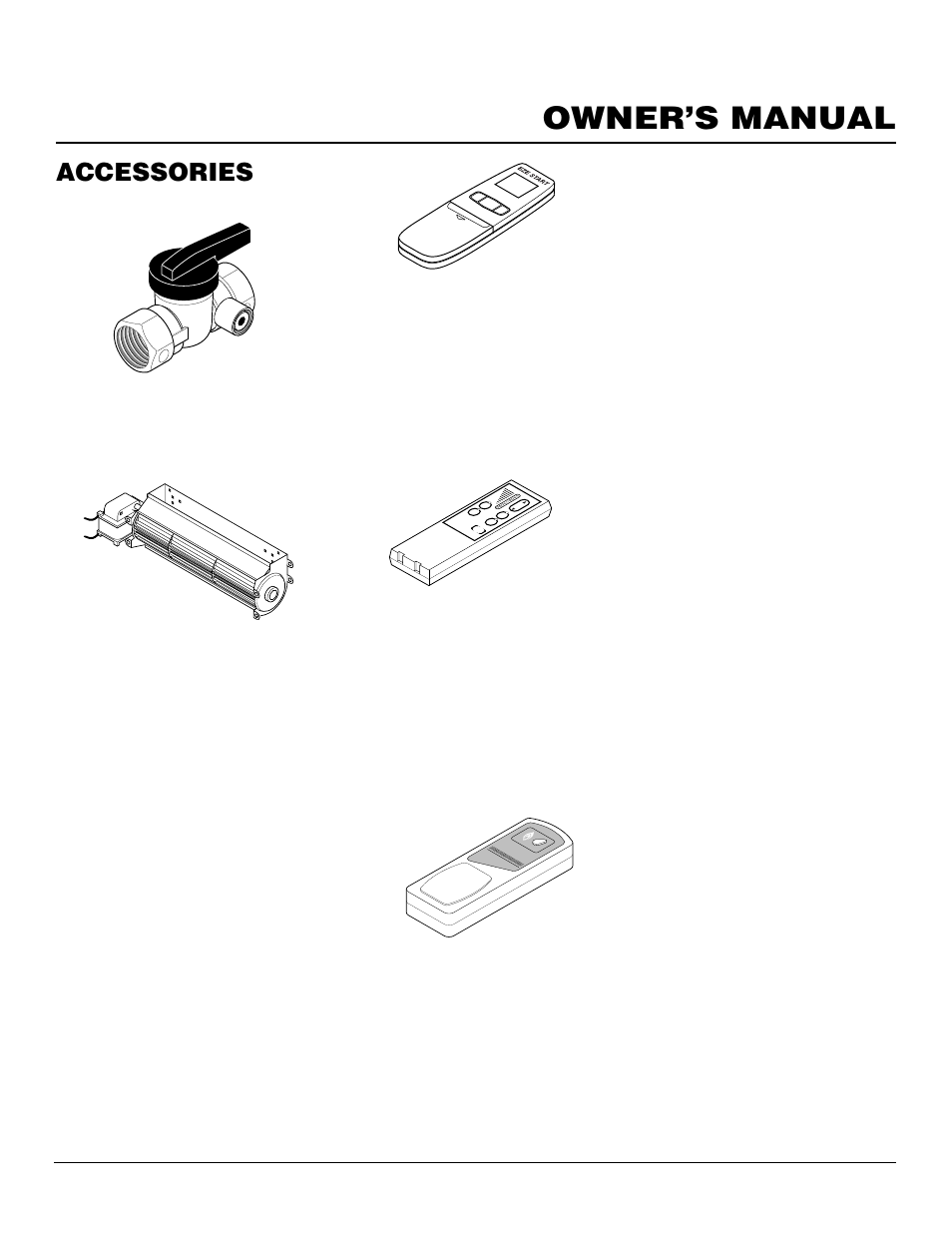 Owner’s manual, Accessories, Continued | Equipment shutoff valve - ga5010, Brass trim accessory ga7090 (not shown), Hand-held remote control - rm4, Duplex outlet kit - ga3555 (not shown), Cleaning kit - cck (not shown) | Desa LFP33NRA User Manual | Page 25 / 30