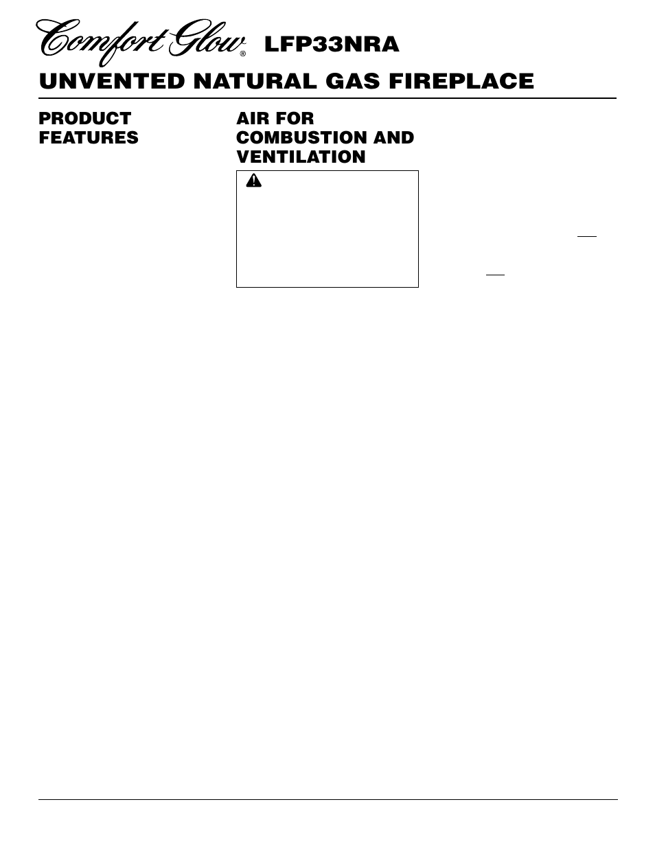 Unvented natural gas fireplace lfp33nra, Air for combustion and ventilation, Product features | Desa LFP33NRA User Manual | Page 4 / 30