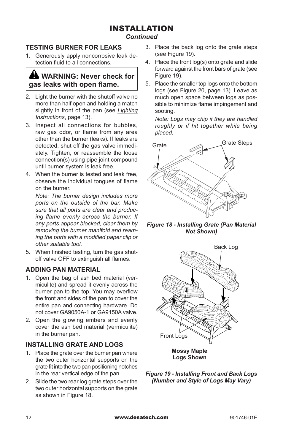 Installation, Warning: never check for gas leaks with open flame | Desa BVDR18 User Manual | Page 12 / 28