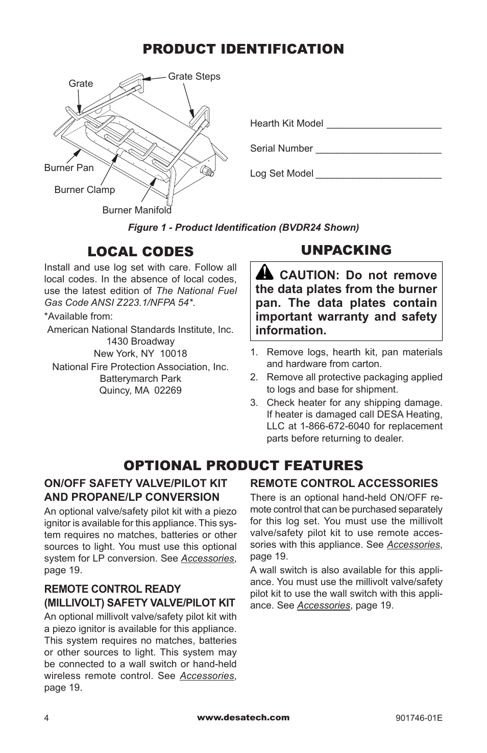 Product identification, Local codes, Unpacking | Optional product features, Product identification local codes | Desa BVDR18 User Manual | Page 4 / 28