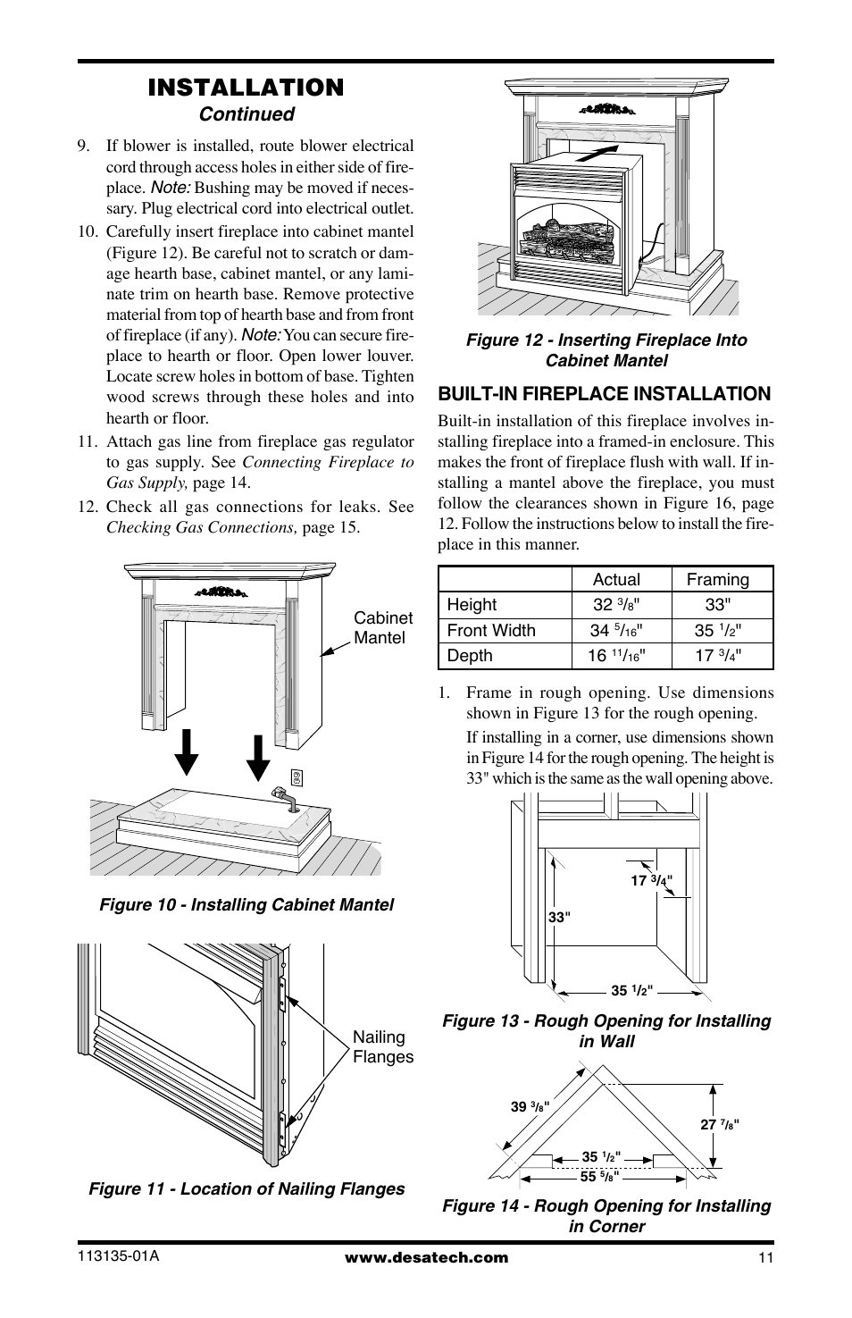 Installation, Continued, Built-in fireplace installation | Desa VSGF28NTE User Manual | Page 11 / 32